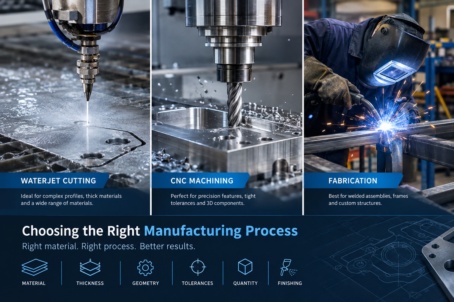 How to Choose Between Waterjet Cutting, CNC Machining and Fabrication for a Custom Part